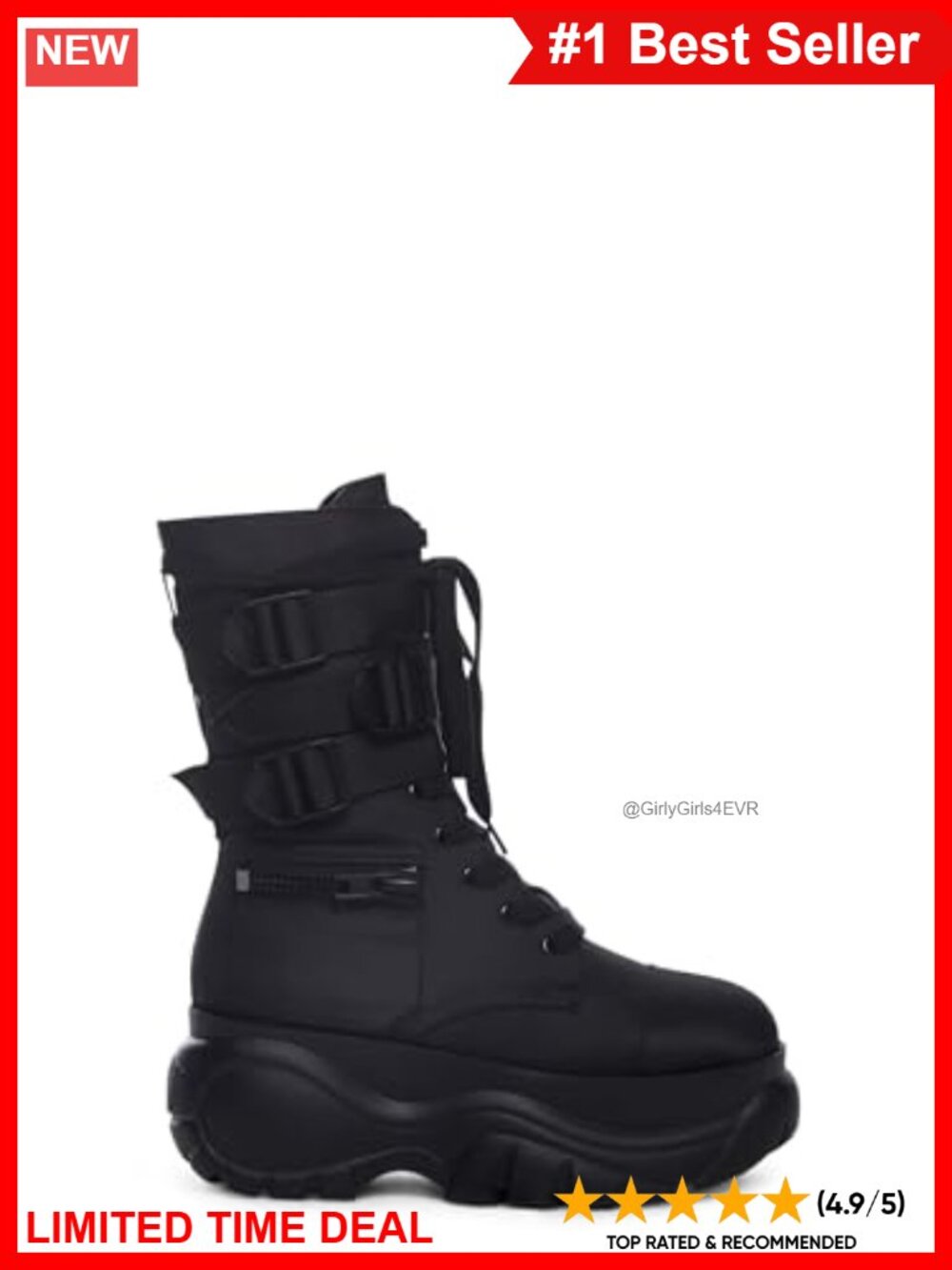 Chunky Platform Combat Boots with Zipper Pockets & Buckled Straps